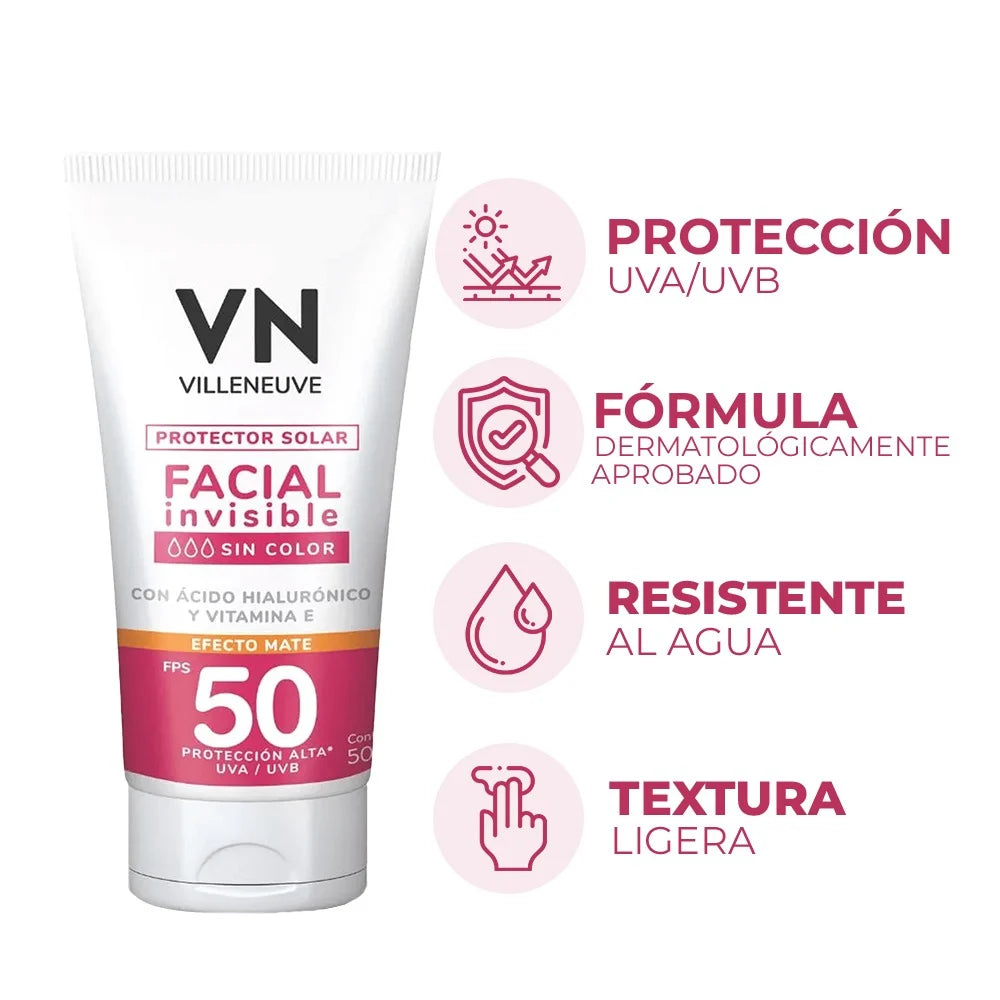 Protector Solar Villeneuve Facial Invisible sin Color FPS50+ 50 ml