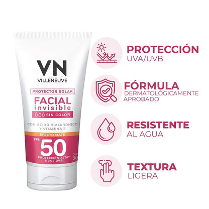 Protector Solar Villeneuve Facial Invisible sin Color FPS50+ 50 ml